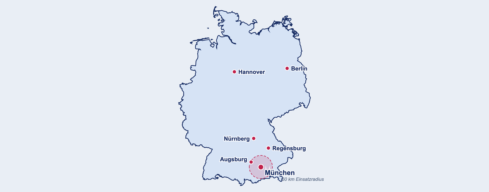 Karte der Leckmeister-Standorte: München, Augsburg, Berlin, Regensburg, Hannover und Nürnberg
