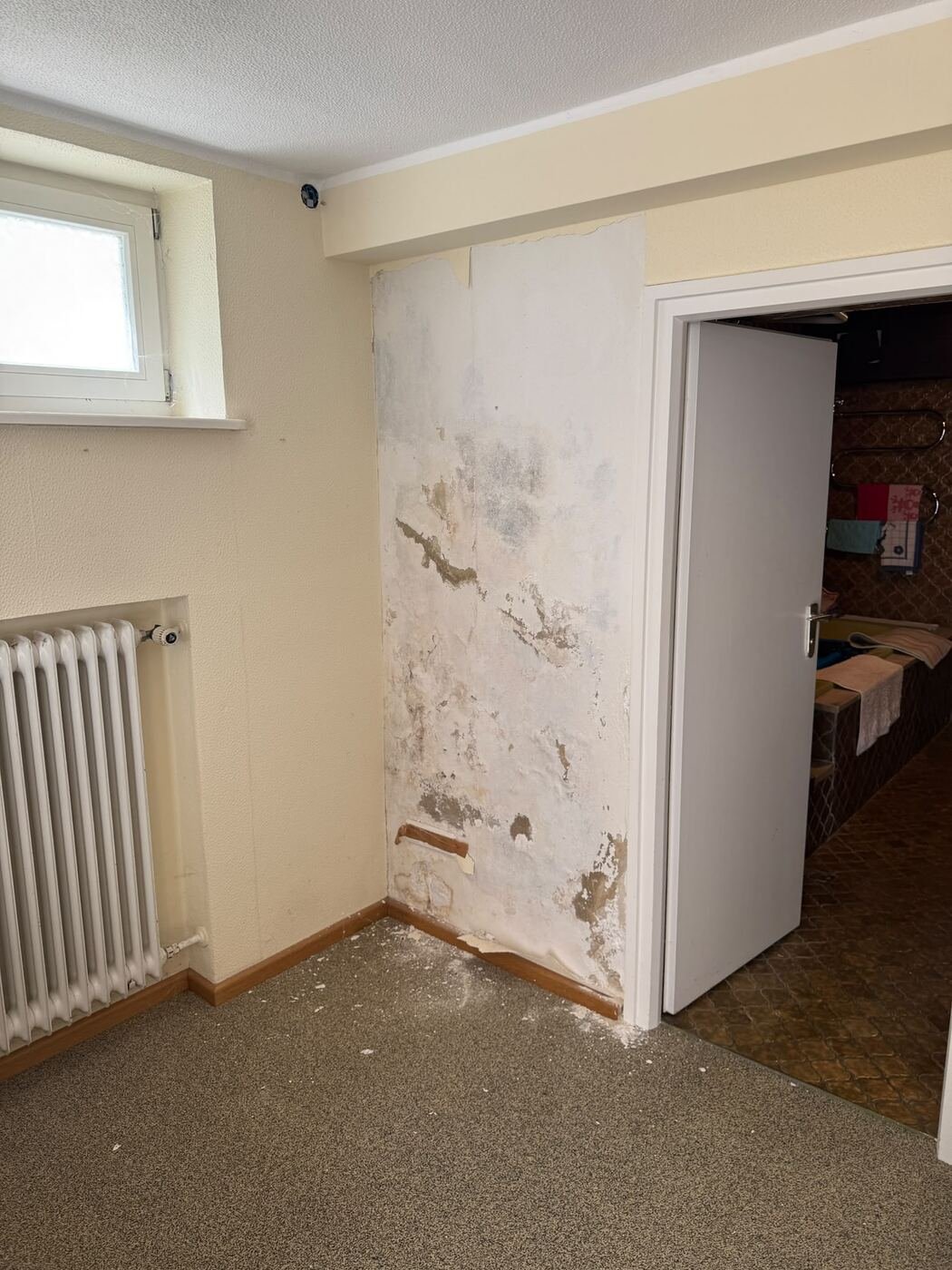 Durchfeuchtete Wand im Wohnraum vor der Bautrocknung